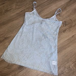 Material Girl Pastel Blue Lace Sheer Tank stop